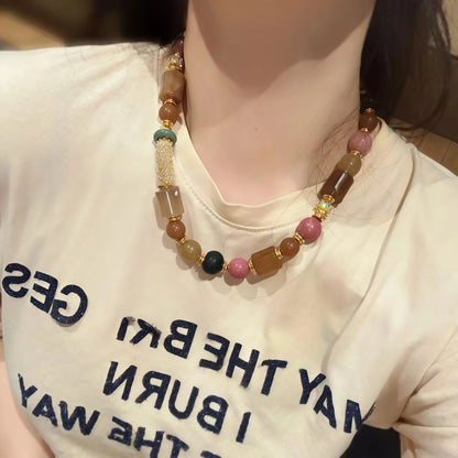 Multicolor Agate and Rhodolite Necklace with Golden Crystals and Beads
