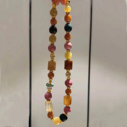 Multicolor Agate and Rhodolite Necklace with Golden Crystals and Beads