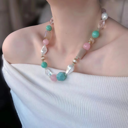 Multicolor Irregular Gemstone NecklaceRose Quartz, Amazonite, Clear Crystal, Agate