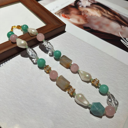 Multicolor Irregular Gemstone NecklaceRose Quartz, Amazonite, Clear Crystal, Agate
