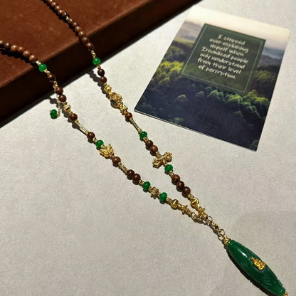 Mulstio Sandalwood Dzi Bead Necklace Vintage Green Agate Spiritual Empowerment Jewelry for Women