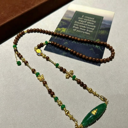 Mulstio Sandalwood Dzi Bead Necklace Vintage Green Agate Spiritual Empowerment Jewelry for Women