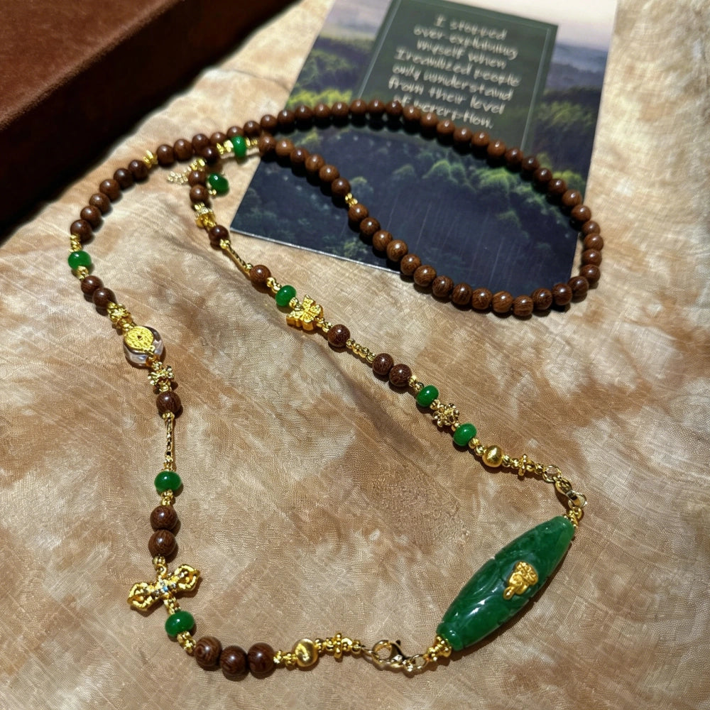 Mulstio Sandalwood Dzi Bead Necklace Vintage Green Agate Spiritual Empowerment Jewelry for Women