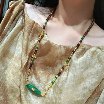 Mulstio Sandalwood Dzi Bead Necklace Vintage Green Agate Spiritual Empowerment Jewelry for Women