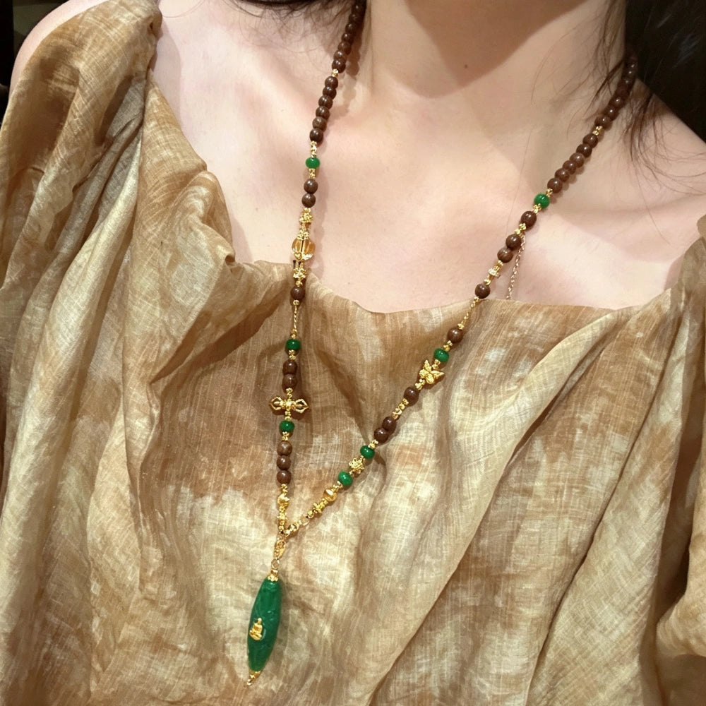 Mulstio Sandalwood Dzi Bead Necklace Vintage Green Agate Spiritual Empowerment Jewelry for Women
