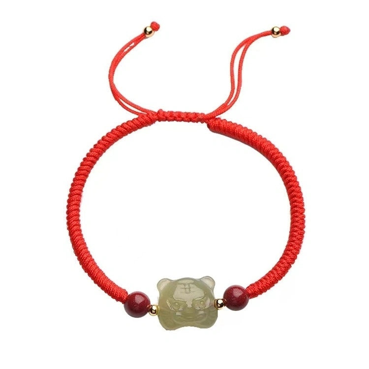 Nephrite Jade Tiger Carving with Cinnabar Red String Lucky Bracelet - BlackRed Options, Adjustable - Earth+Fire Element, Protection & Courage