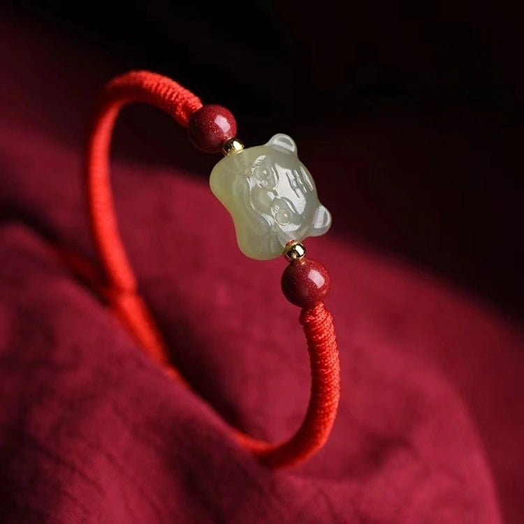Nephrite Jade Tiger Carving with Cinnabar Red String Lucky Bracelet - BlackRed Options, Adjustable - Earth+Fire Element, Protection & Courage