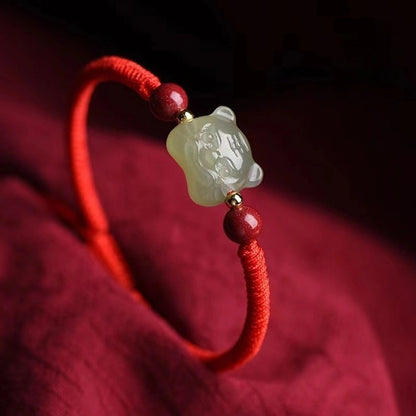 Nephrite Jade Tiger Carving with Cinnabar Red String Lucky Bracelet - BlackRed Options, Adjustable - Earth+Fire Element, Protection & Courage