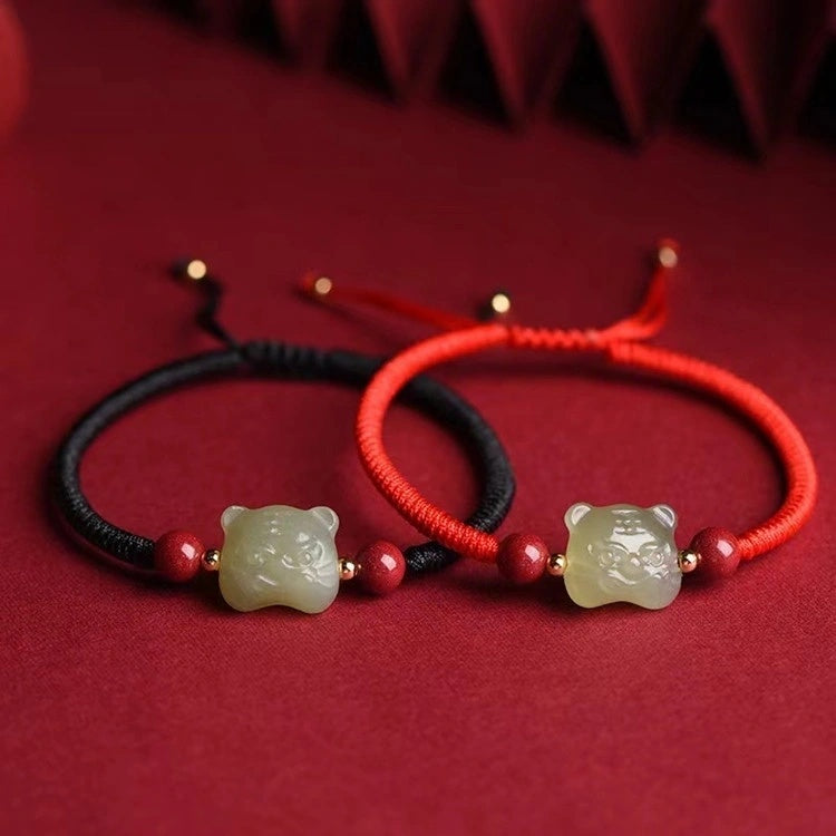 Nephrite Jade Tiger Carving with Cinnabar Red String Lucky Bracelet - BlackRed Options, Adjustable - Earth+Fire Element, Protection & Courage