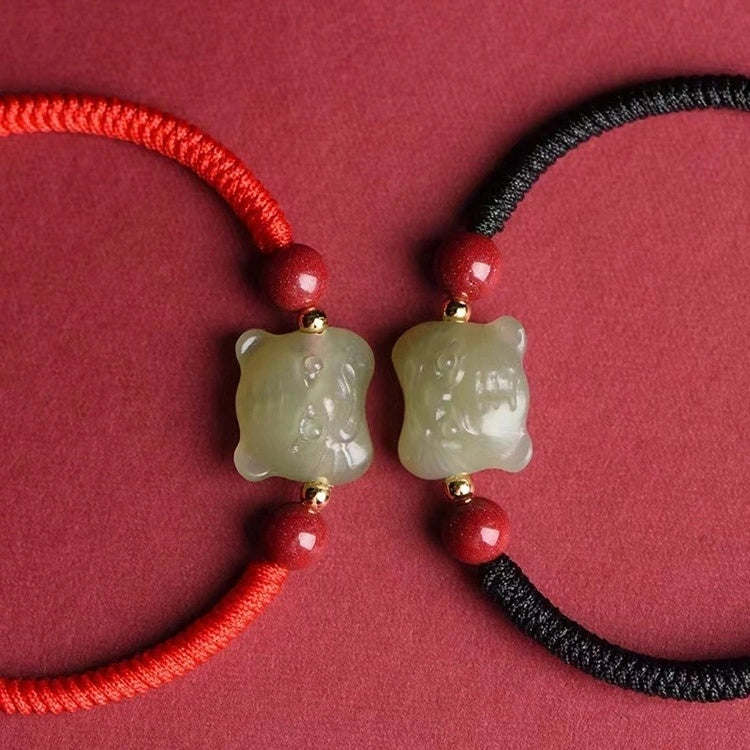 Nephrite Jade Tiger Carving with Cinnabar Red String Lucky Bracelet - BlackRed Options, Adjustable - Earth+Fire Element, Protection & Courage