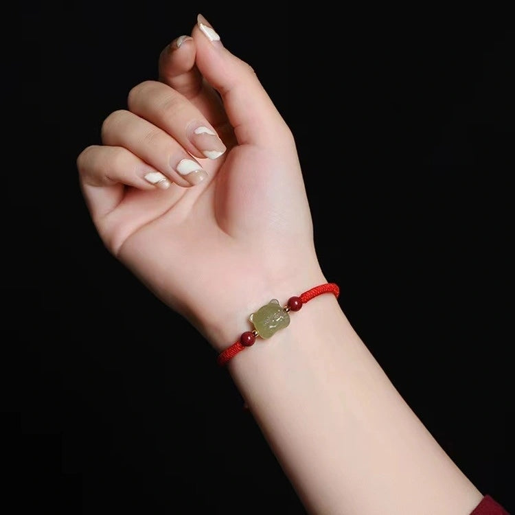 Nephrite Jade Tiger Carving with Cinnabar Red String Lucky Bracelet - BlackRed Options, Adjustable - Earth+Fire Element, Protection & Courage