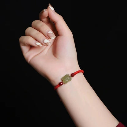 Nephrite Jade Tiger Carving with Cinnabar Red String Lucky Bracelet - BlackRed Options, Adjustable - Earth+Fire Element, Protection & Courage