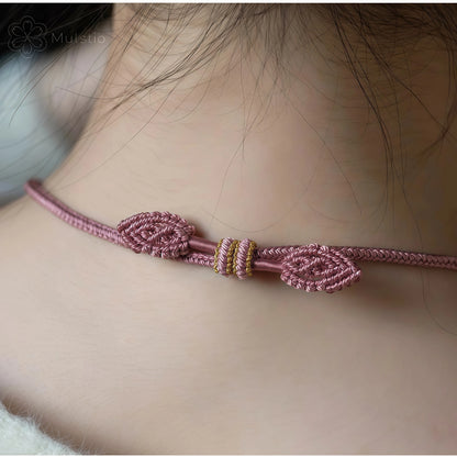 Pink Peach Blossom Handwoven String Necklace - Love Knot Adjustable Cord