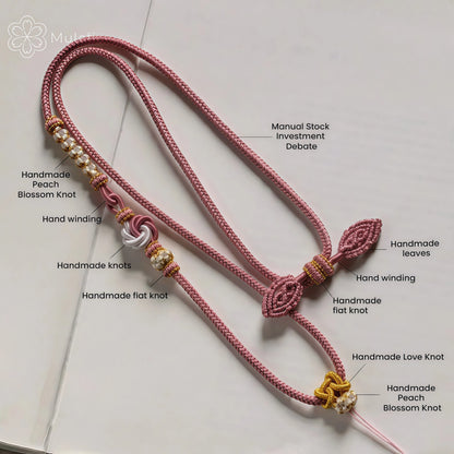 Pink Peach Blossom Handwoven String Necklace - Love Knot Adjustable Cord