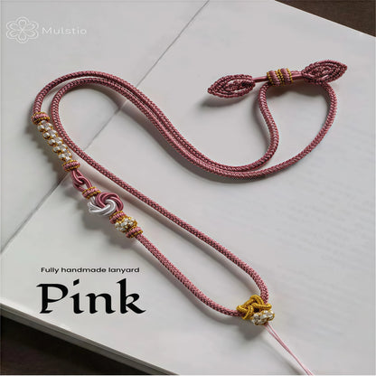 Pink Peach Blossom Handwoven String Necklace - Love Knot Adjustable Cord