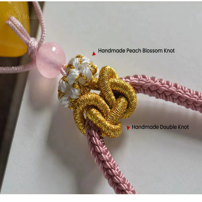 Pink Peach Blossom Handwoven String Necklace - Love Knot Adjustable Cord