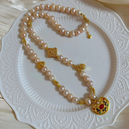 Pink Pearl Necklace with Silver Lucky Lock