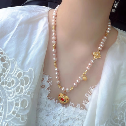 Pink Pearl Necklace with Silver Lucky Lock
