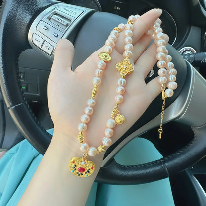 Pink Pearl Necklace with Silver Lucky Lock