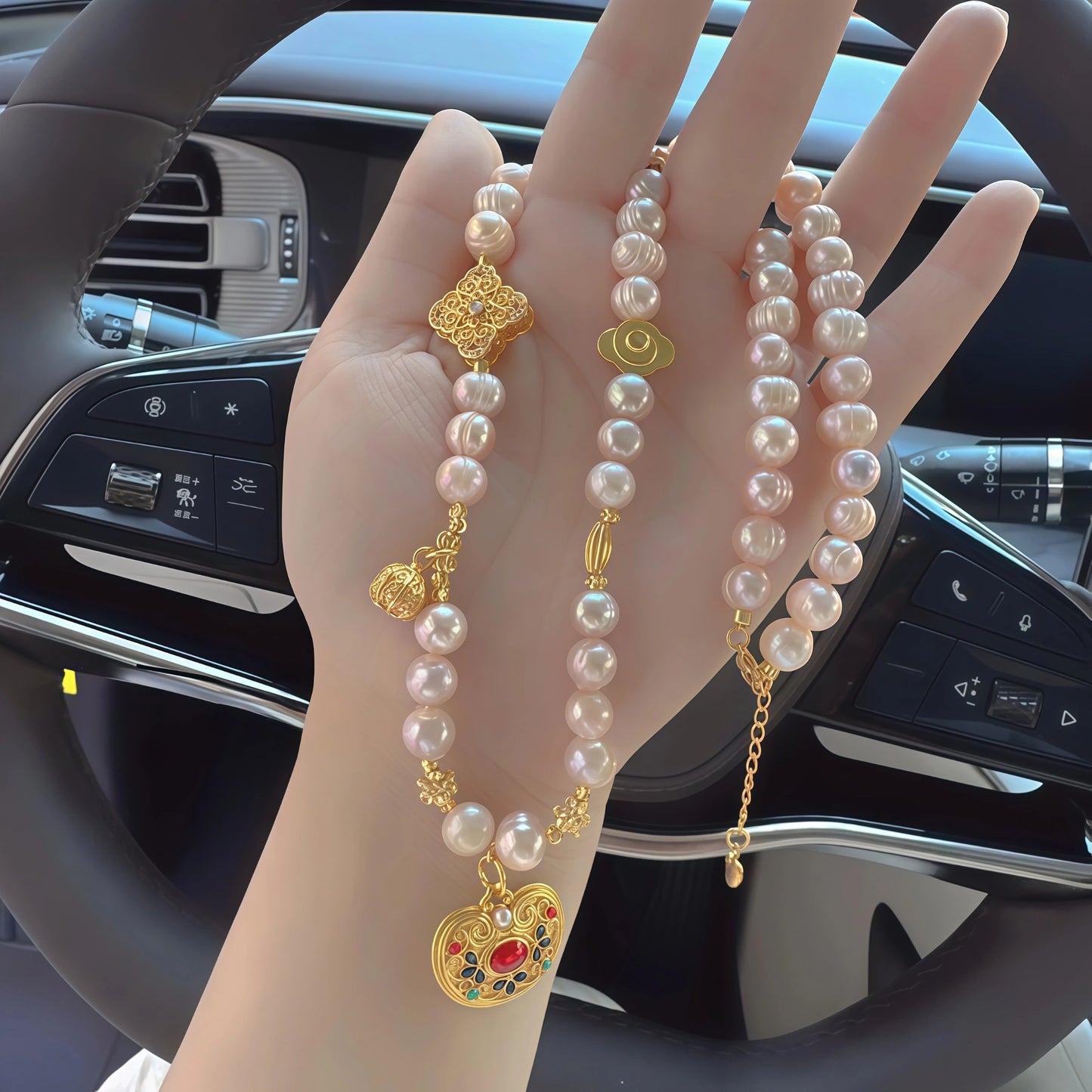 Pink Pearl Necklace with Silver Lucky Lock