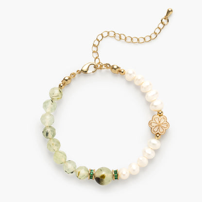The August Birthstone Bracelet by Mulstio, uniting Prehnite for deep inner peace and prophetic insight with Pearl for intuitive wisdom and emotional purity.