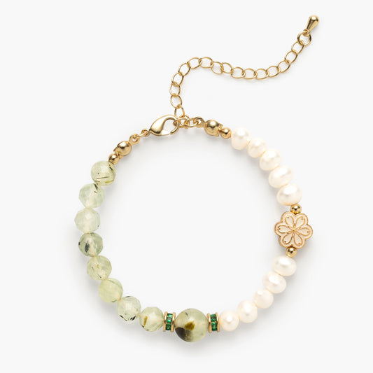The August Birthstone Bracelet by Mulstio, uniting Prehnite for deep inner peace and prophetic insight with Pearl for intuitive wisdom and emotional purity.