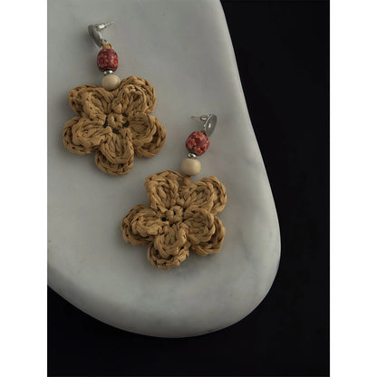 Raffia Hand-Woven Double-Layer Flower Drop Earrings - Wood Element, New Beginning & Happiness