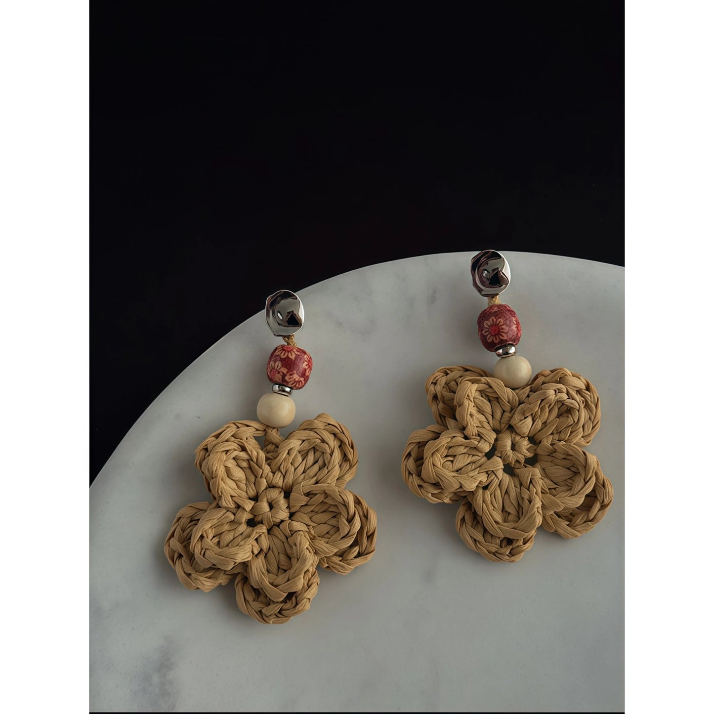 Raffia Hand-Woven Double-Layer Flower Drop Earrings - Wood Element, New Beginning & Happiness