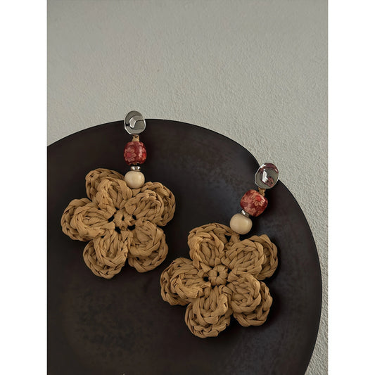 Raffia Hand-Woven Double-Layer Flower Drop Earrings - Wood Element, New Beginning & Happiness