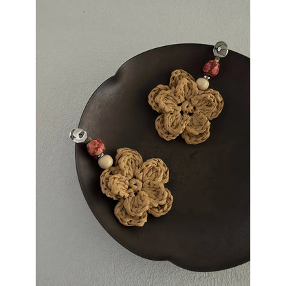 Raffia Hand-Woven Double-Layer Flower Drop Earrings - Wood Element, New Beginning & Happiness
