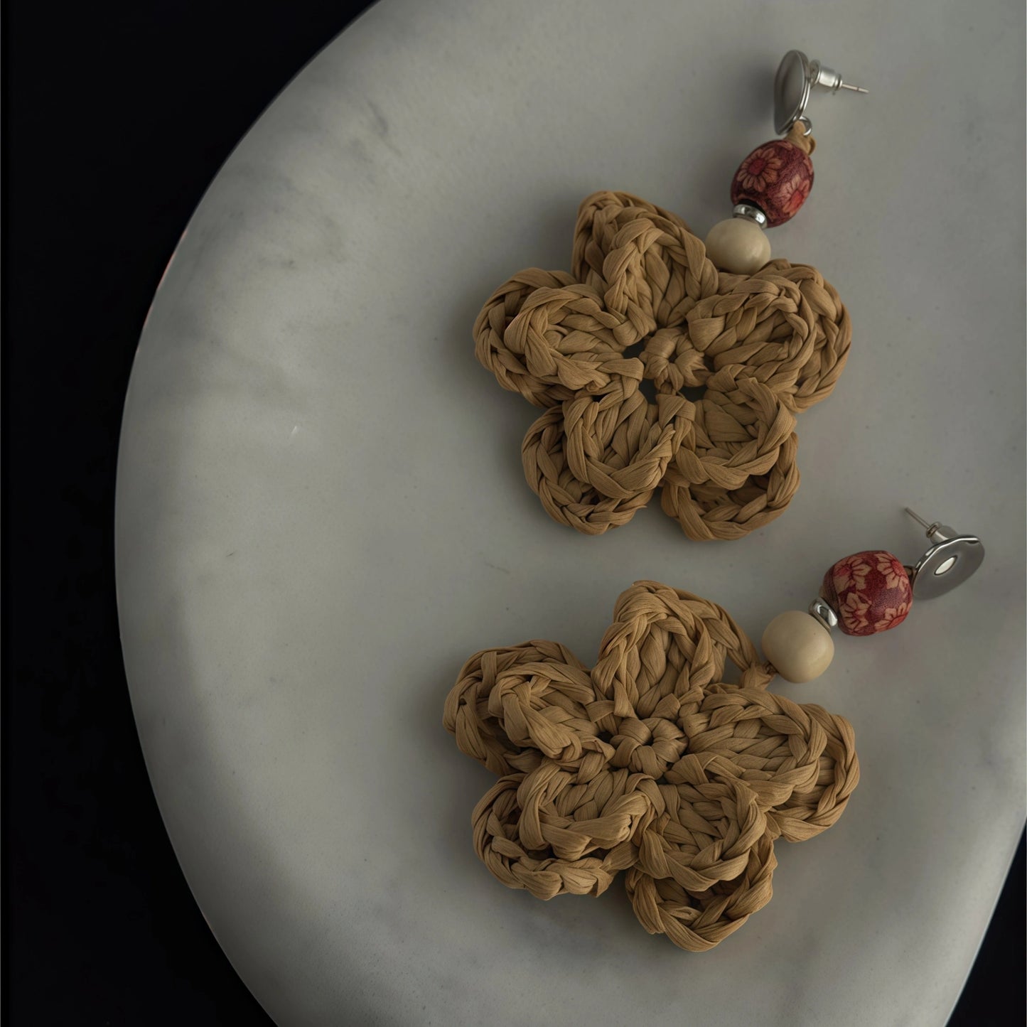 Raffia Hand-Woven Double-Layer Flower Drop Earrings - Wood Element, New Beginning & Happiness