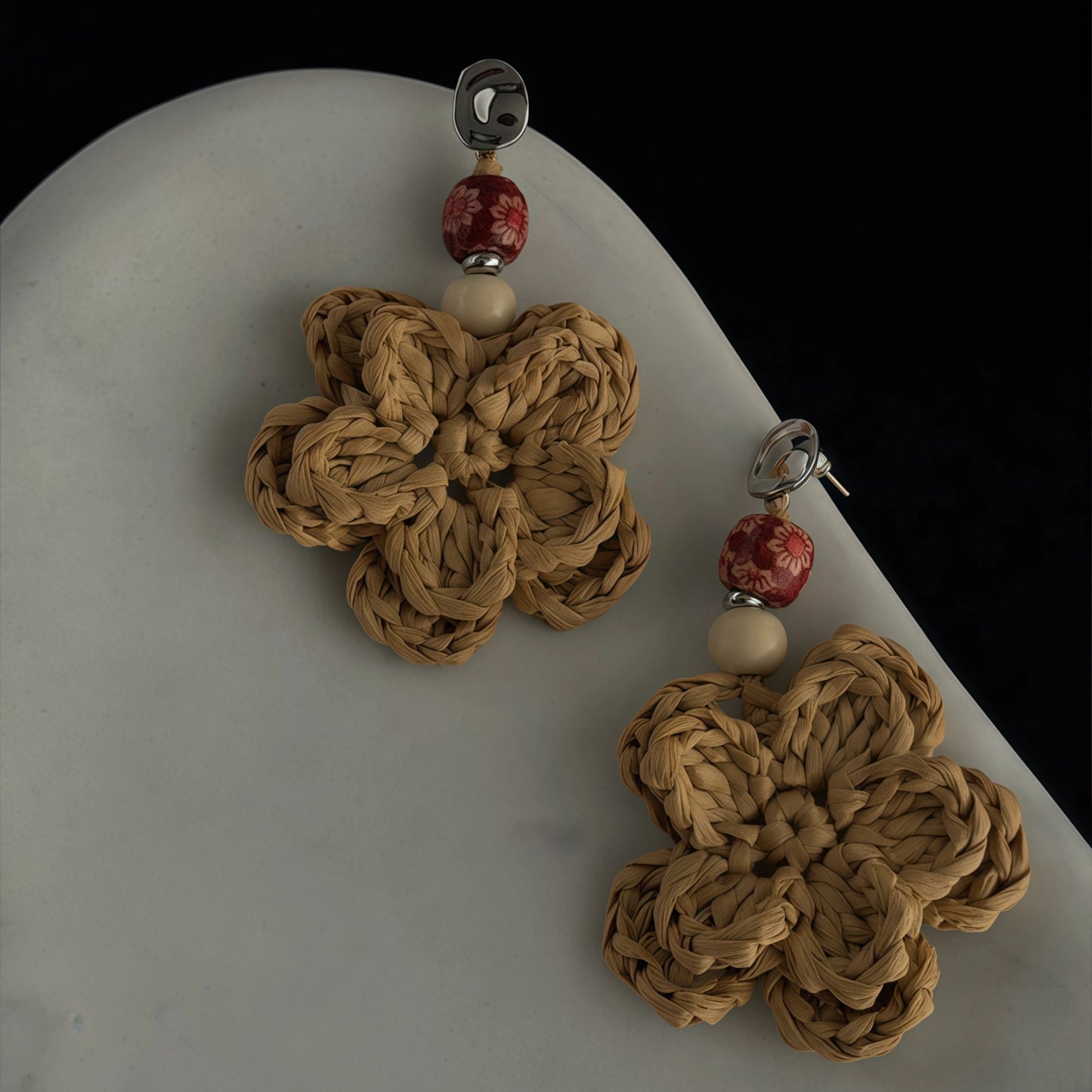 Raffia Hand-Woven Double-Layer Flower Drop Earrings - Wood Element, New Beginning & Happiness