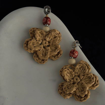 Raffia Hand-Woven Double-Layer Flower Drop Earrings - Wood Element, New Beginning & Happiness