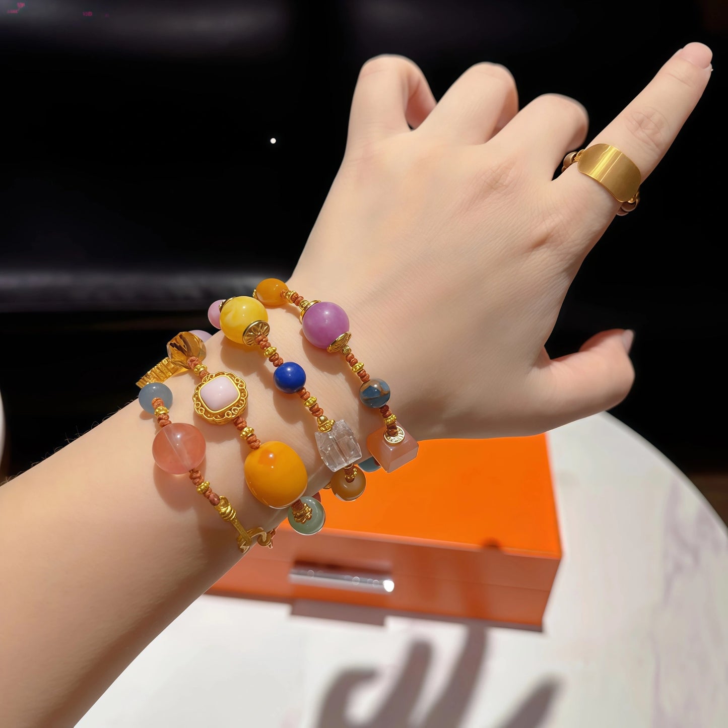 Rainbow Multi-Gem Elastic Amber Quartz Necklace Bracelet
