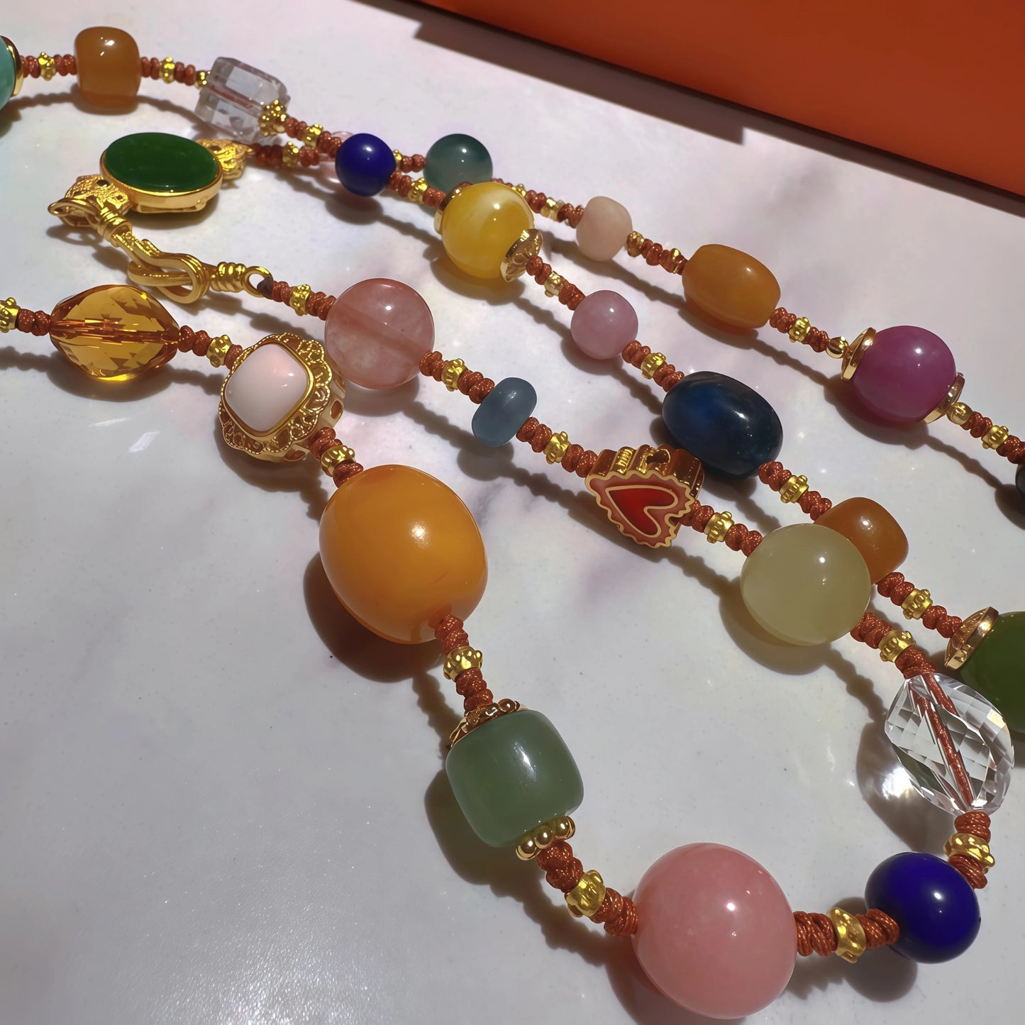 Rainbow Multi-Gem Elastic Amber Quartz Necklace Bracelet