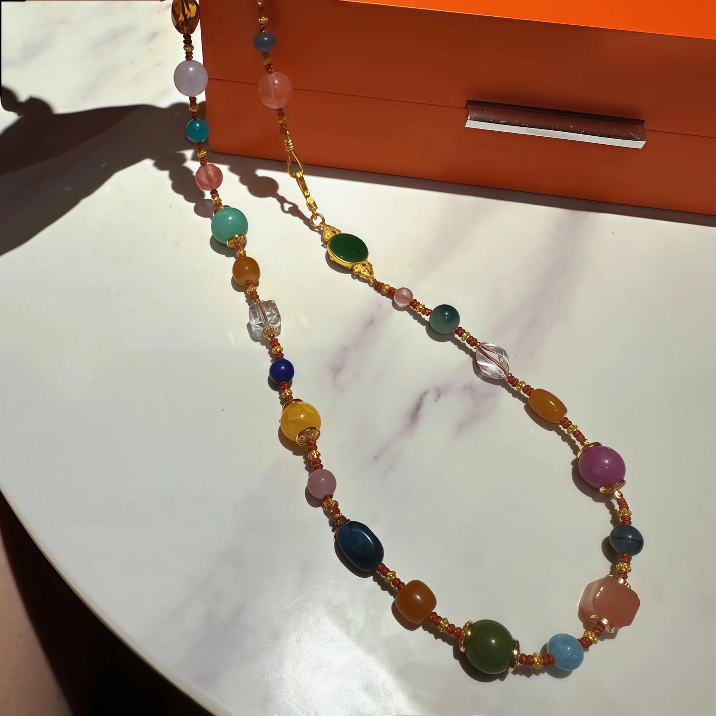 Rainbow Multi-Gem Elastic Amber Quartz Necklace Bracelet