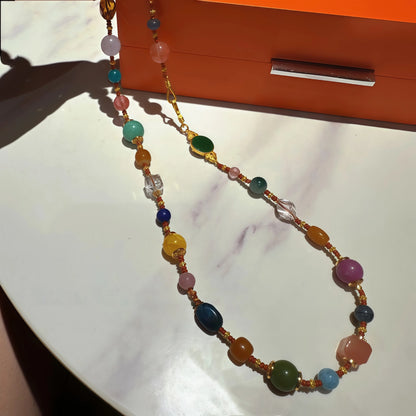 Rainbow Multi-Gem Elastic Amber Quartz Necklace Bracelet