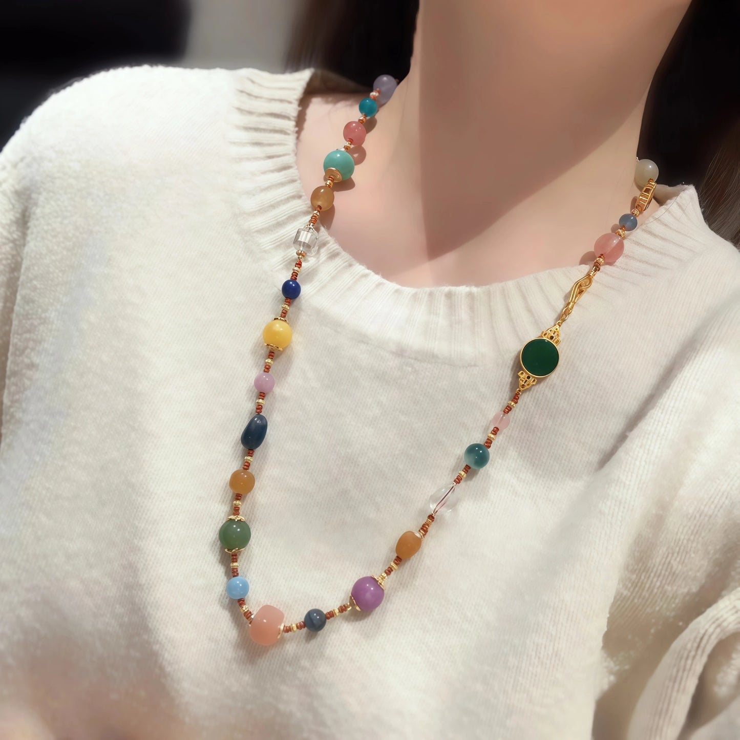 Rainbow Multi-Gem Elastic Amber Quartz Necklace Bracelet