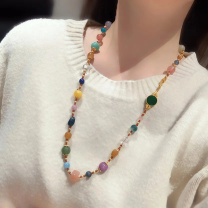 Rainbow Multi-Gem Elastic Amber Quartz Necklace Bracelet