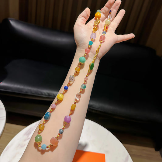 Rainbow Multi-Gem Elastic Amber Quartz Necklace Bracelet