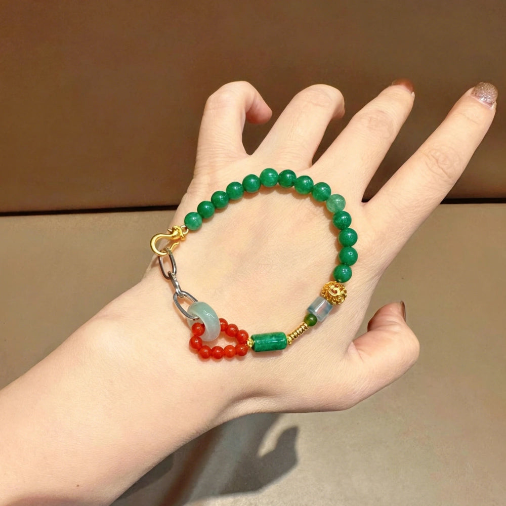 Mulstio Vintage Green Jade and Red Agate Bracelet for Inner Peace and Success Empowerment