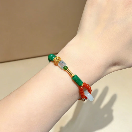 Mulstio Vintage Green Jade and Red Agate Bracelet for Inner Peace and Success Empowerment