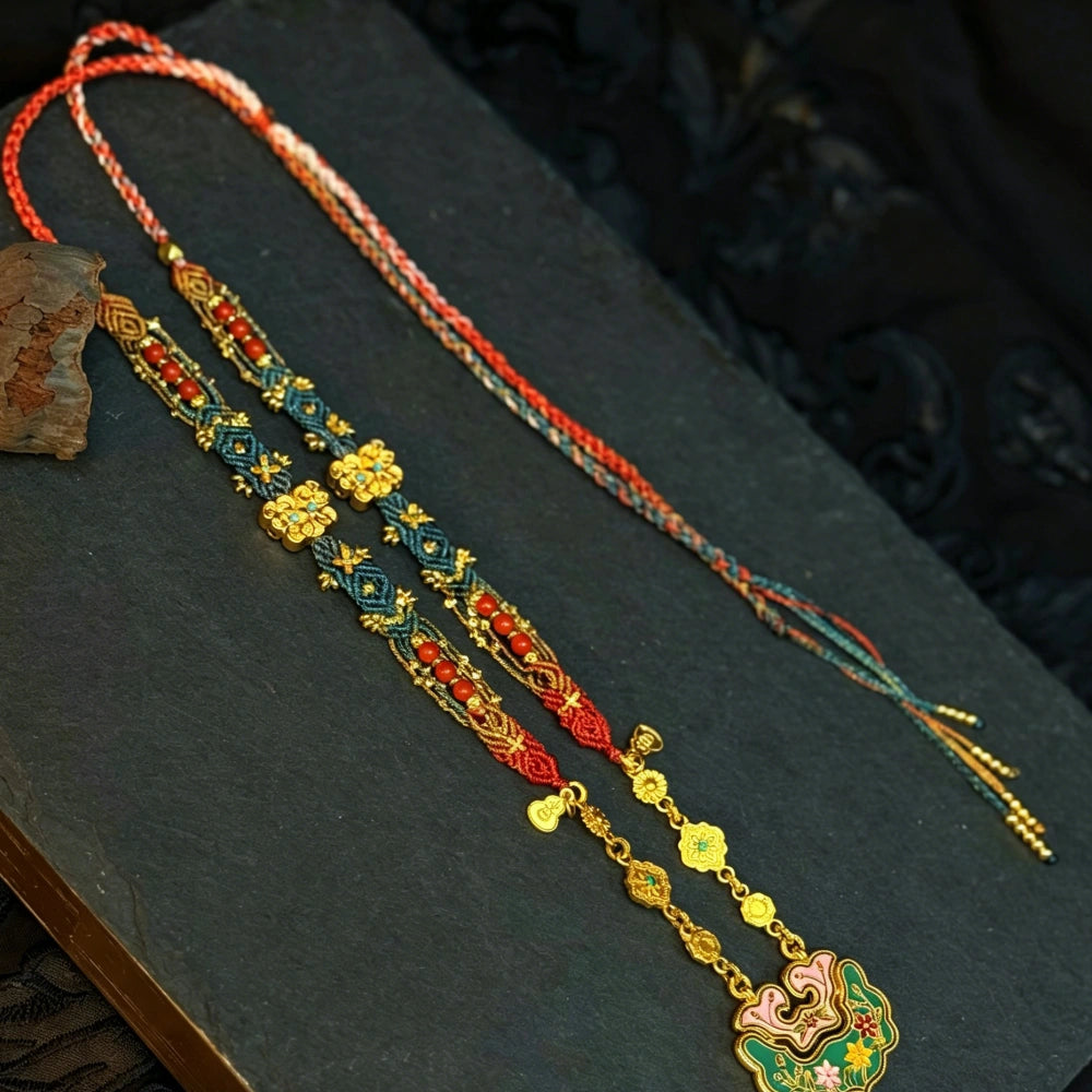 Handmade Gradient Braided Necklace Cloisonne Enamel Pendant Spiritual Protection Jewelry for Women