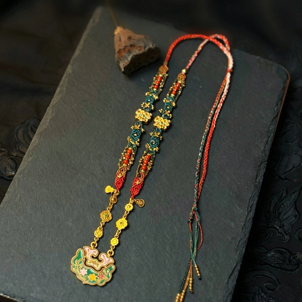 Handmade Gradient Braided Necklace Cloisonne Enamel Pendant Spiritual Protection Jewelry for Women