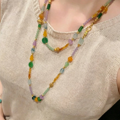 Mulstio Neo-Chinese Multi-Gemstone Crystal Energy Long Necklace Vintage Multi-Way Body Chain for Women