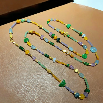 Mulstio Neo-Chinese Multi-Gemstone Crystal Energy Long Necklace Vintage Multi-Way Body Chain for Women