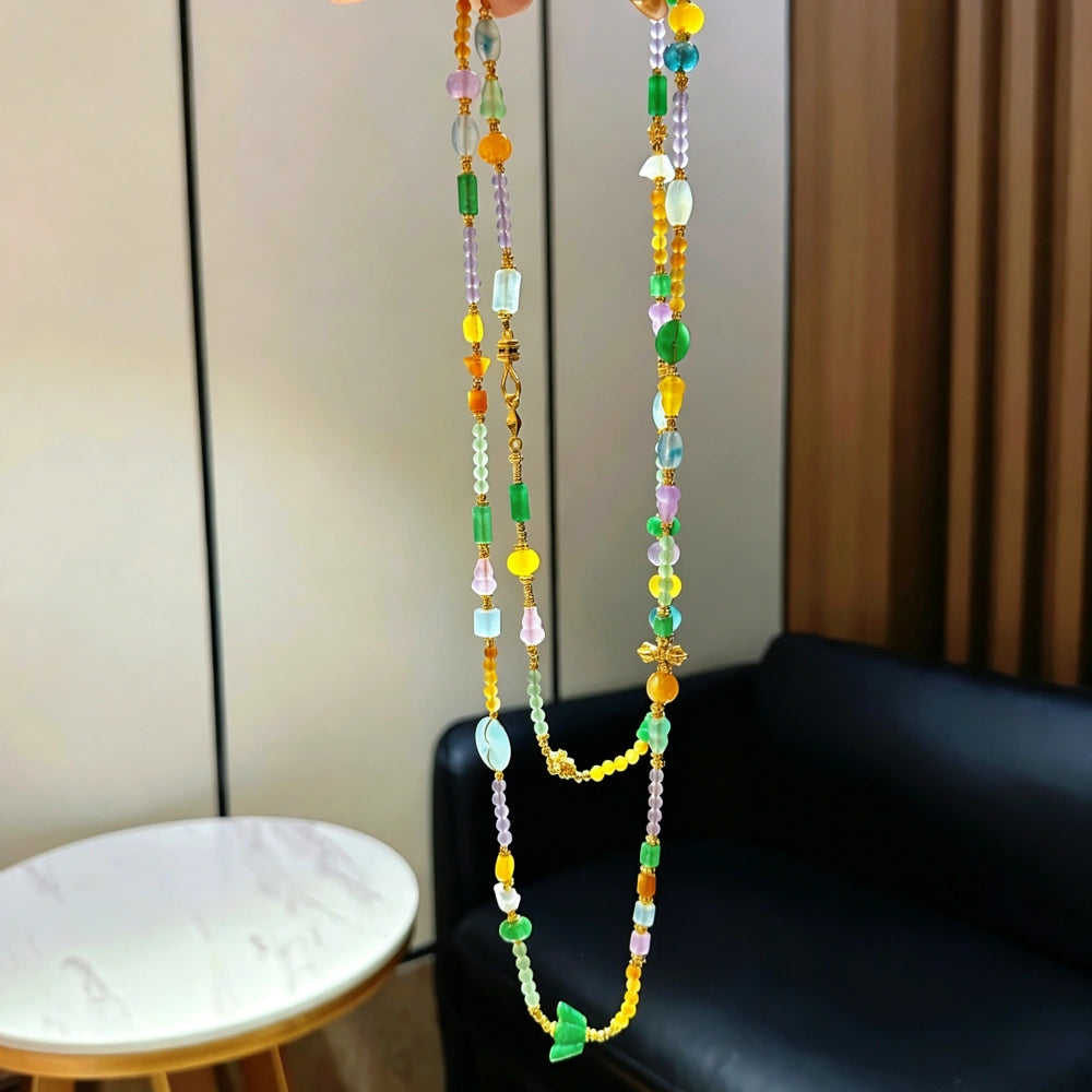 Mulstio Neo-Chinese Multi-Gemstone Crystal Energy Long Necklace Vintage Multi-Way Body Chain for Women