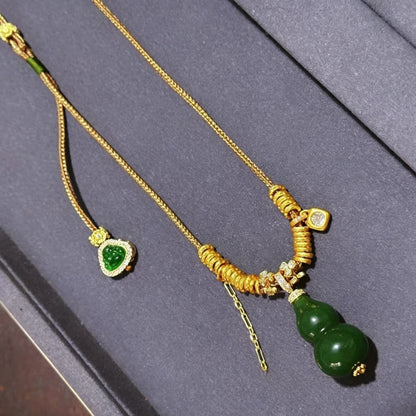 Vintage Green Jade Wu Lou and Buddha Pendant Necklace Healing Energy Empowerment Jewelry for Women