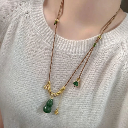Vintage Green Jade Wu Lou and Buddha Pendant Necklace Healing Energy Empowerment Jewelry for Women