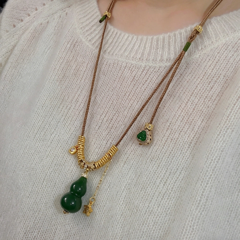 Vintage Green Jade Wu Lou and Buddha Pendant Necklace Healing Energy Empowerment Jewelry for Women